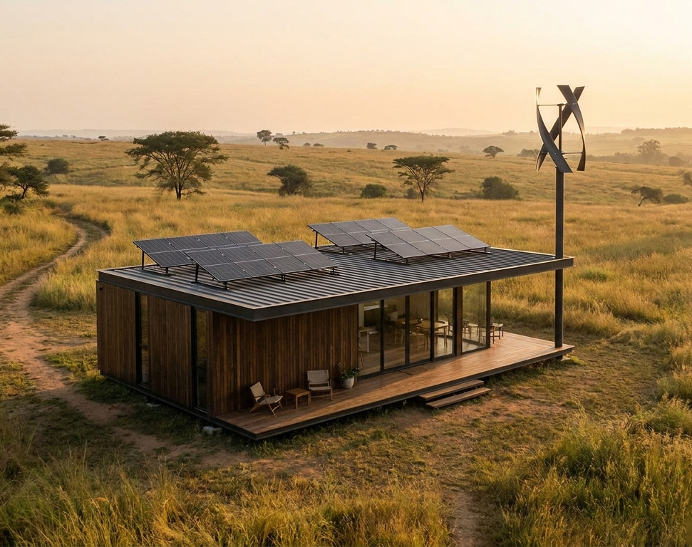 Off-grid fabricated home on open grassland with rooftop solar panels and a wind turbine