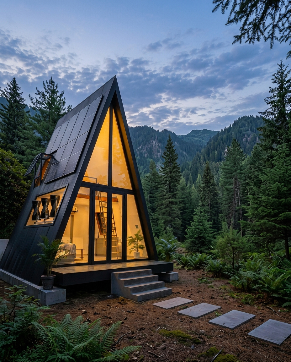 Black off-grid A-frame cabin glowing warm at dusk beside a frozen lake in the snow