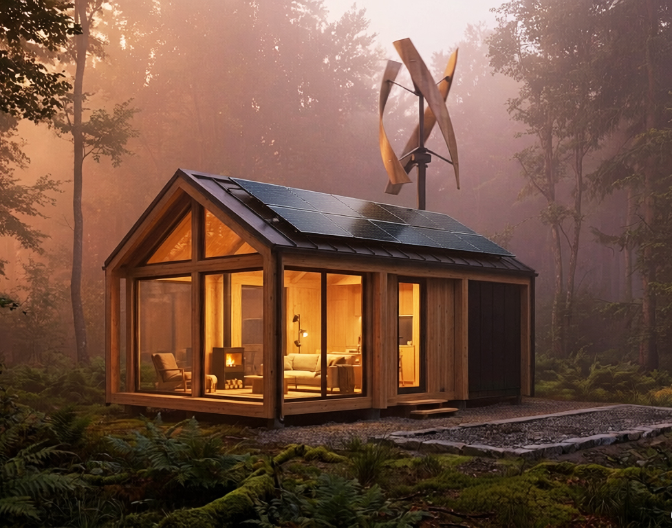 Off-grid wooden home in misted forest with rooftop solar panels and a wind turbine, glowing warm at dusk