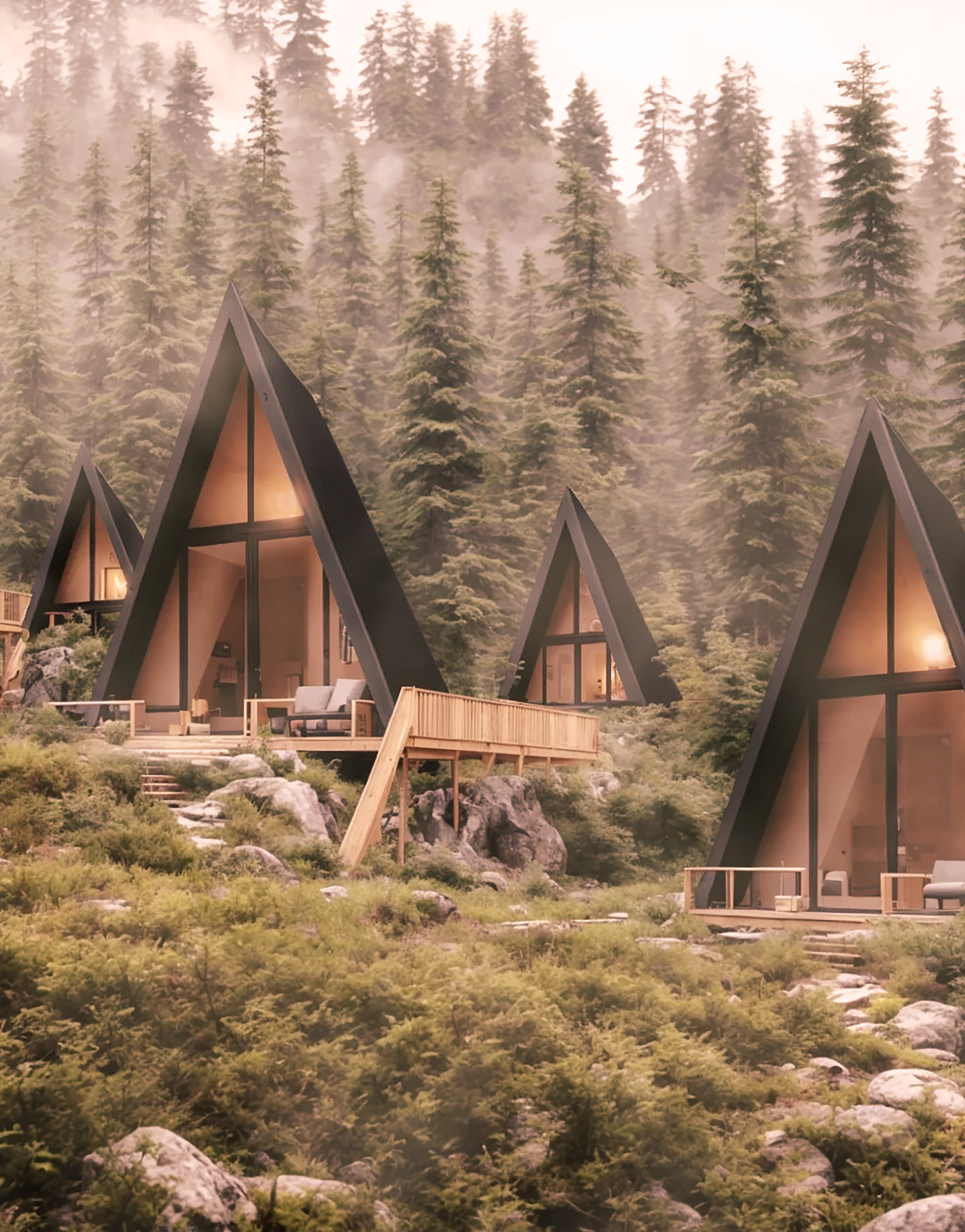 A-frame cabin glowing warmly in a dense forest at dusk